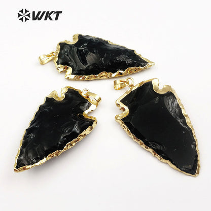 WT-P239 Wholesale Black Obsidian Arrowhead Carved Pendants, Fashion Energy Natural Raw Stone Arrowhead Obsidian Pendants