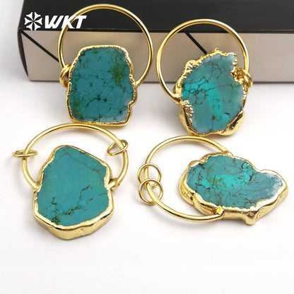 WT-P1372 Vintage Design Sky Blue Natural Stone With Half Circle and Double Tiny Loops Gold Trim Pendant for Jewelry Making