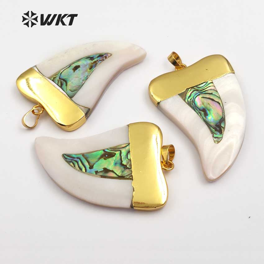 WT-P666 Wholesale Natural Gold Plated White Shell Horn Pendant Popular Fashion Shell Horn Pendant with Abalone Mix