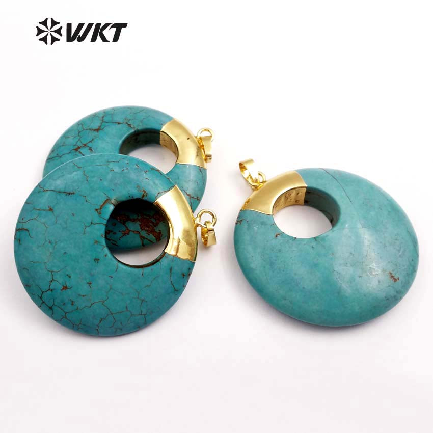 WT-P1374 Unique Design Donut Shape Pendant Sky Blue Natural Stone With Gold Trim Pendant in Top for Women Jewelry Making