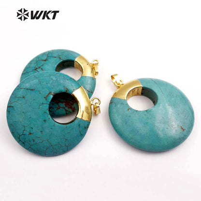 WT-P1374 Unique Design Donut Shape Pendant Sky Blue Natural Stone With Gold Trim Pendant in Top for Women Jewelry Making