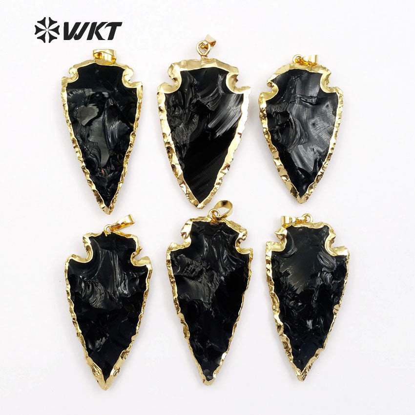 WT-P239 Wholesale Black Obsidian Arrowhead Carved Pendants, Fashion Energy Natural Raw Stone Arrowhead Obsidian Pendants