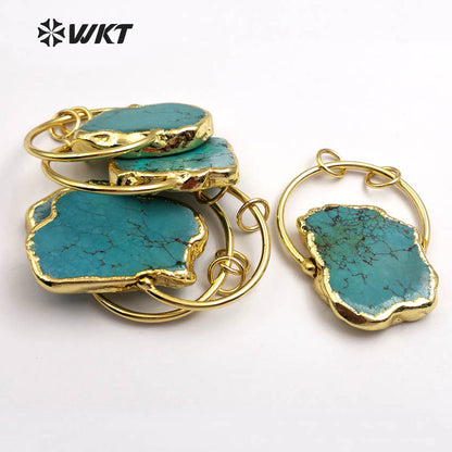 WT-P1372 Vintage Design Sky Blue Natural Stone With Half Circle and Double Tiny Loops Gold Trim Pendant for Jewelry Making