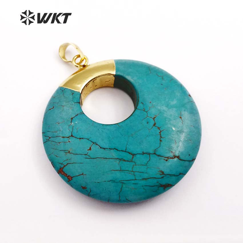 WT-P1374 Unique Design Donut Shape Pendant Sky Blue Natural Stone With Gold Trim Pendant in Top for Women Jewelry Making