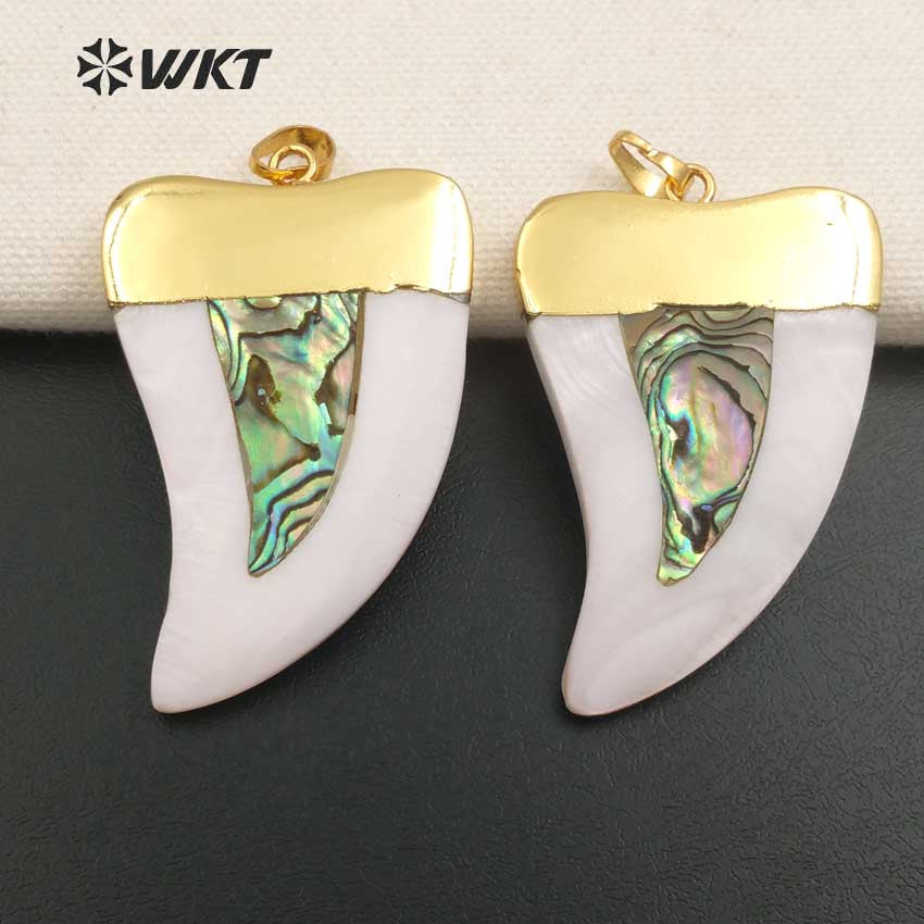 WT-P666 Wholesale Natural Gold Plated White Shell Horn Pendant Popular Fashion Shell Horn Pendant with Abalone Mix