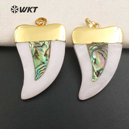 WT-P666 Wholesale Natural Gold Plated White Shell Horn Pendant Popular Fashion Shell Horn Pendant with Abalone Mix