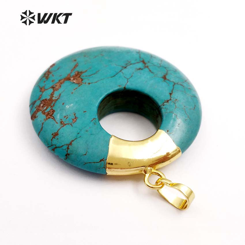 WT-P1374 Unique Design Donut Shape Pendant Sky Blue Natural Stone With Gold Trim Pendant in Top for Women Jewelry Making
