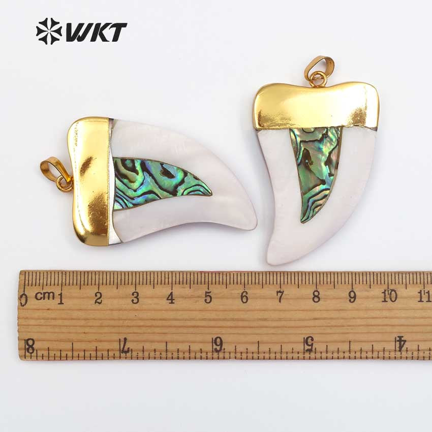WT-P666 Wholesale Natural Gold Plated White Shell Horn Pendant Popular Fashion Shell Horn Pendant with Abalone Mix