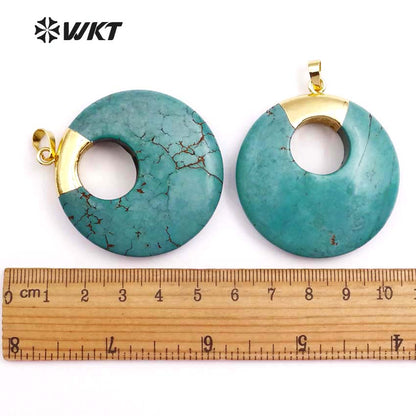 WT-P1374 Unique Design Donut Shape Pendant Sky Blue Natural Stone With Gold Trim Pendant in Top for Women Jewelry Making