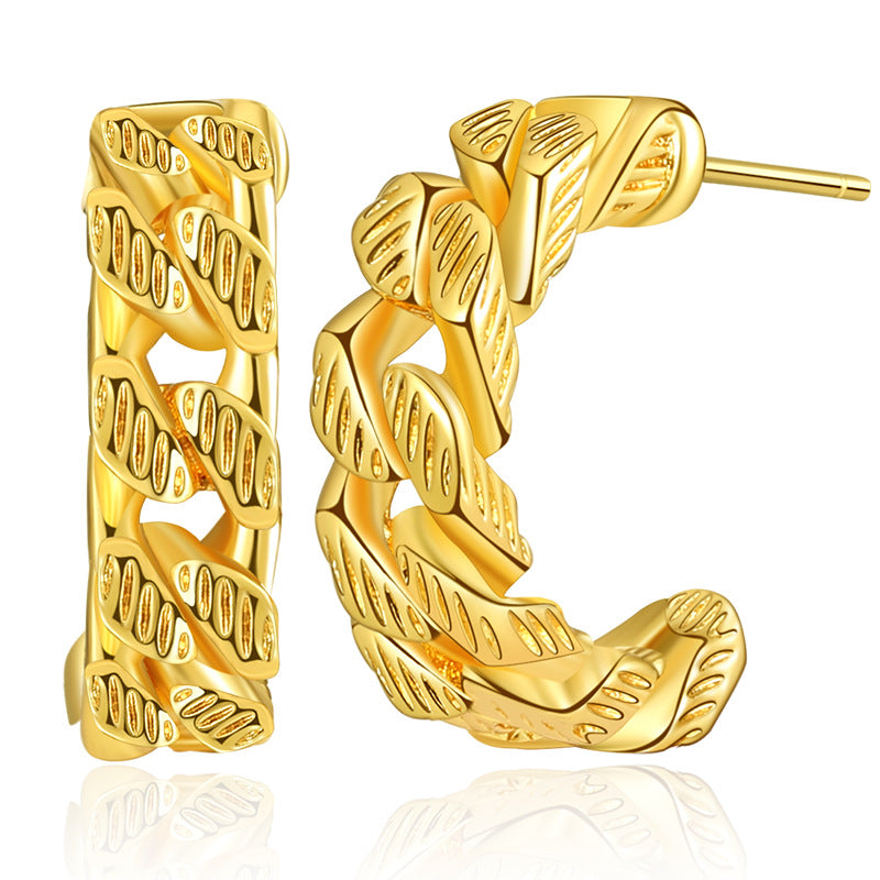 WT-JFE100 Fold Exquisite Hollow Chain 18k Gold Plated Copper Plating C Shaped Hoops Fashion Studs Earring Findings