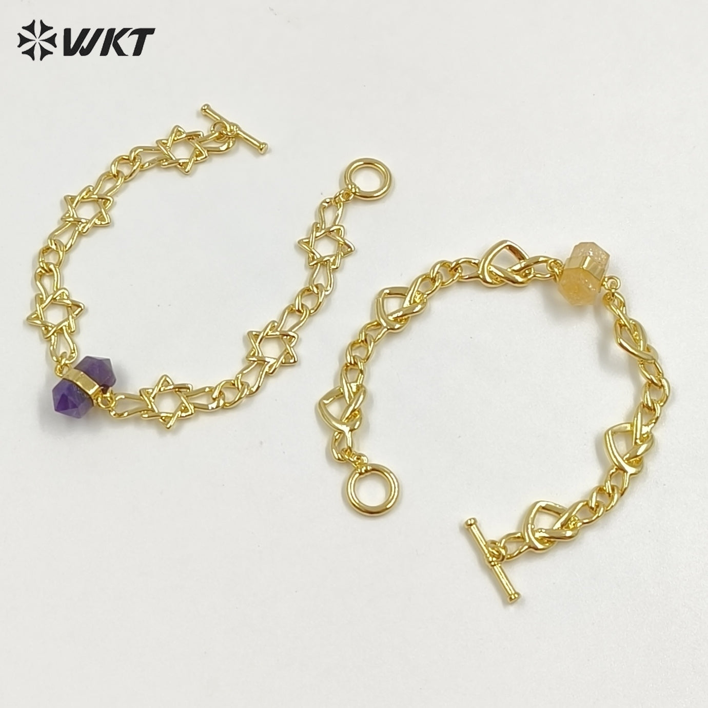 WT-B717 Exclusive Lovely Gold Plated Yellow Brass Heart Star Chain With Natural Gemstones Charms Bracelets As Friends Gift
