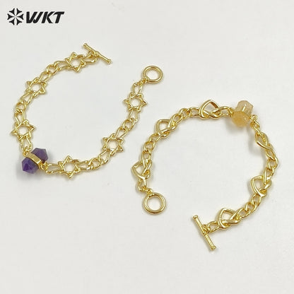 WT-B717 Exclusive Lovely Gold Plated Yellow Brass Heart Star Chain With Natural Gemstones Charms Bracelets As Friends Gift