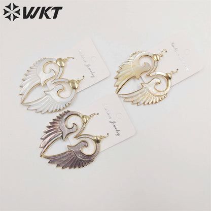 WT-E268 Newest Fashion Morden Gold Plated Shell Feather Earrings Elegant Popular Dangling Real Shell Feather Earrings