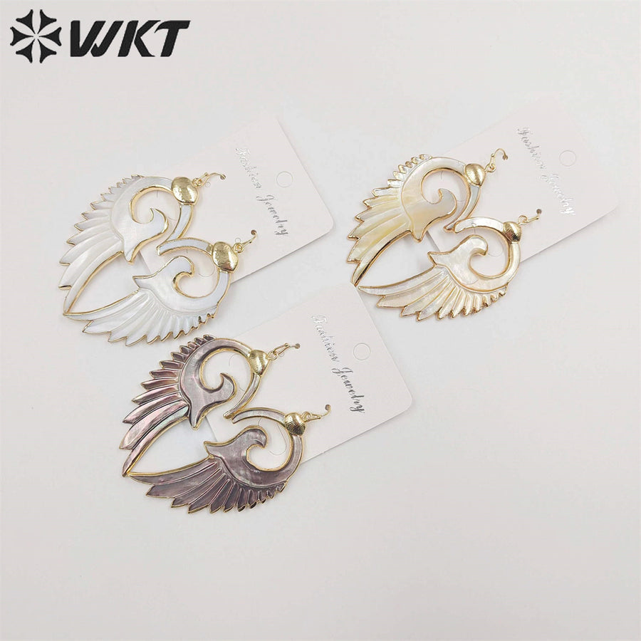 WT-E268 Newest Fashion Morden Gold Plated Shell Feather Earrings Elegant Popular Dangling Real Shell Feather Earrings