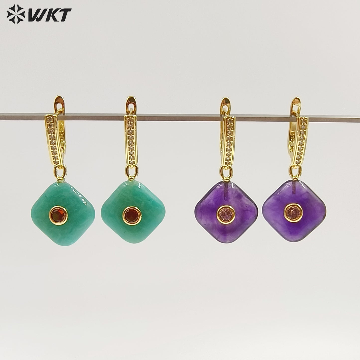 WT-E797 Wholesale Unique Design Gold Plated Black Obsidian Multi Gemstones With Zircon Geometric Women Earrings As Party Gift