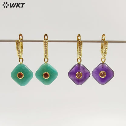 WT-E797 Wholesale Unique Design Gold Plated Black Obsidian Multi Gemstones With Zircon Geometric Women Earrings As Party Gift