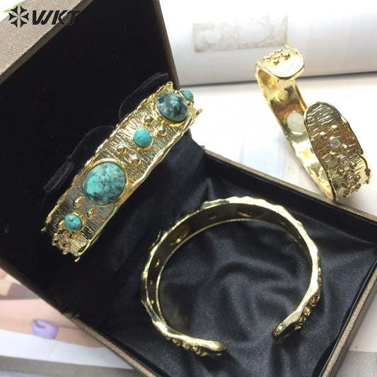 WT-B663 Delicate 18K Real Gold Plated Multi Natural Precious Stones in Bezel Setting Women Birthday Gift Gemstone Bangle