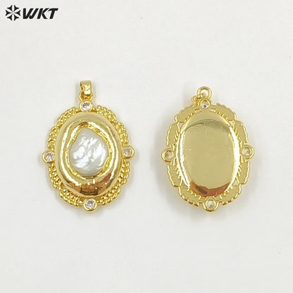 WT-JP455 Simple Design Back Full Gold Electroplated Natural Freshwater Pearl Round Pendants For Boutique Necklace Making