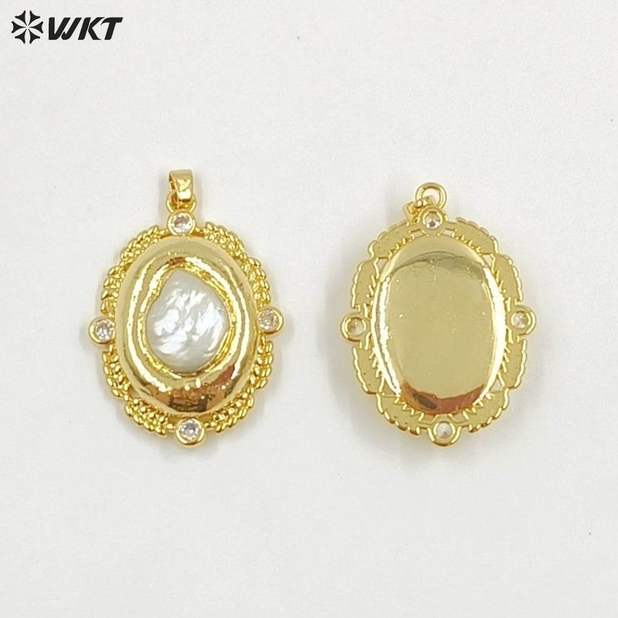 WT-JP455 Simple Design Back Full Gold Electroplated Natural Freshwater Pearl Round Pendants For Boutique Necklace Making