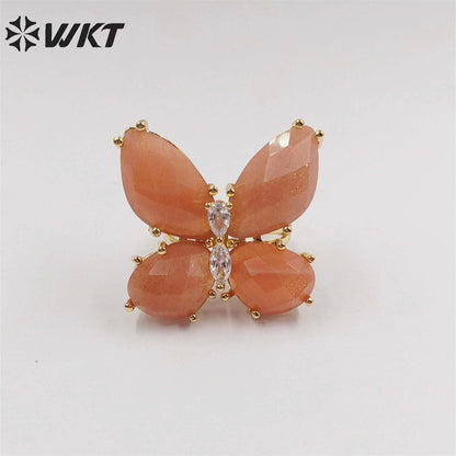 WT-R463 Wholesale Newest Handmade Design Ins Popular Stone Ring Natural Rose Quartz butterfly Ring for Girl Daily Party Ring