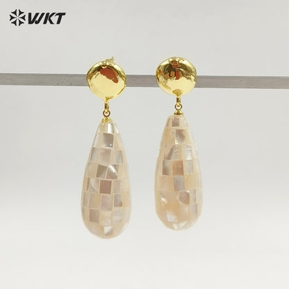 WT-MPE190 Elegant Style Gold Plated Natural Abalone And White Shell Waterdrop Shape Earrings For Lady Daily Decorative Jewelry