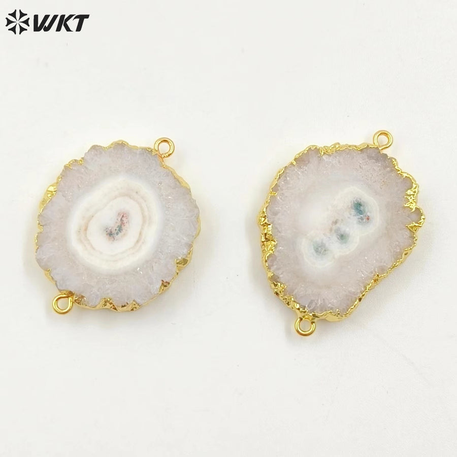 WT-C086 Wholesale Natural Solar Stalactite Pendant 18k Gold Plated Double Loops White Flower Stone Connectors for Jewelry Making