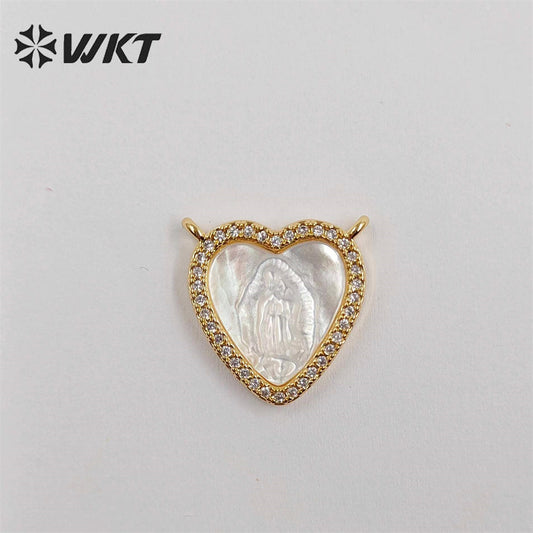 WT-JP328 Wholesale Small MOP Shell Carve Micropavd Lady Virgin Mary Gudalupe Charms Lovely Heart Religion Miraculous Pendant