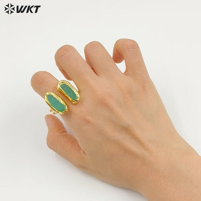 WT-R582 Beautiful Gold Electroplated Natural Australia Chrysoprase Rectangle Stone Rings As Women Everyday Wearing Jewelry
