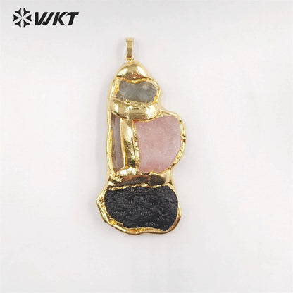 WT-P1905 Amazing Triple Gemstone Mixture Jewelry Pendants Genuine Energy Black Meteorite Rose Quartz Raw Stone Pendants