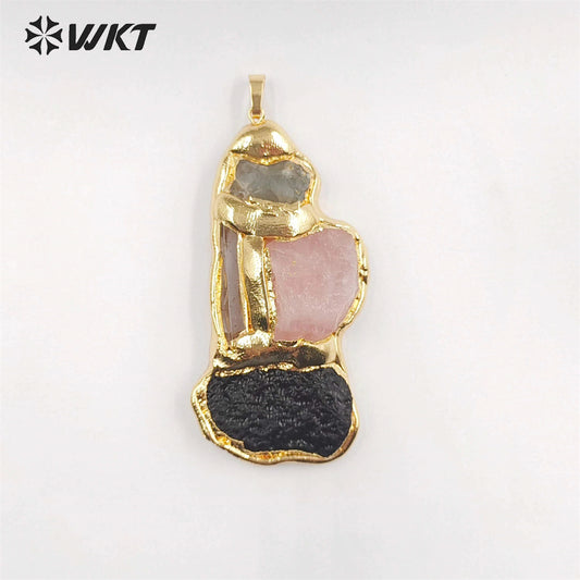 WT-P1905 Amazing Triple Gemstone Mixture Jewelry Pendants Genuine Energy Black Meteorite Rose Quartz Raw Stone Pendants