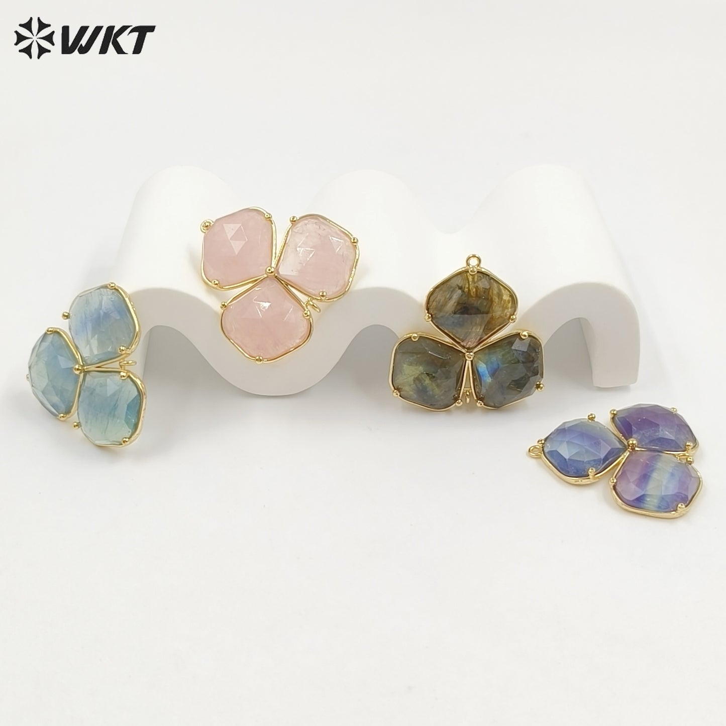 WT-P2129 Beautiful Gold Electroplated Three Natural Gemstones Leaf Shape Pendants As Handmade Jewelry Decorative Findings