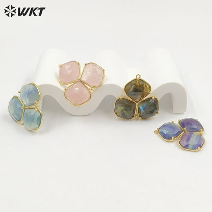 WT-P2129 Beautiful Gold Electroplated Three Natural Gemstones Leaf Shape Pendants As Handmade Jewelry Decorative Findings