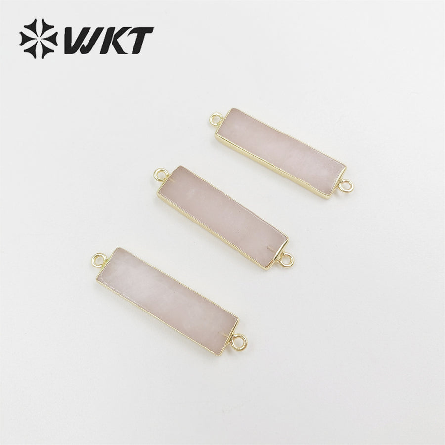 WT-C310 Amazing Fashion Double Loops Gold Plated Long Straight bar Connectors Lady Natural Rose Quartz Stone Jewelry Connector