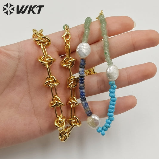 WT-JN242 Wholesale Vintage Trendy Stone and Pearl 18k Chain Gold Plated Exquisite High Quality Pendant Beads Necklace
