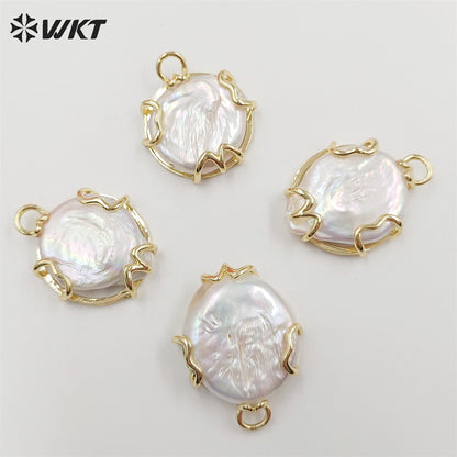 WT-JP335 Amazing Newest Irregular Natural Coin Shape Freshwater Pearl Pendants 18k Gold Plated Claw Setting Jewelry Pendants