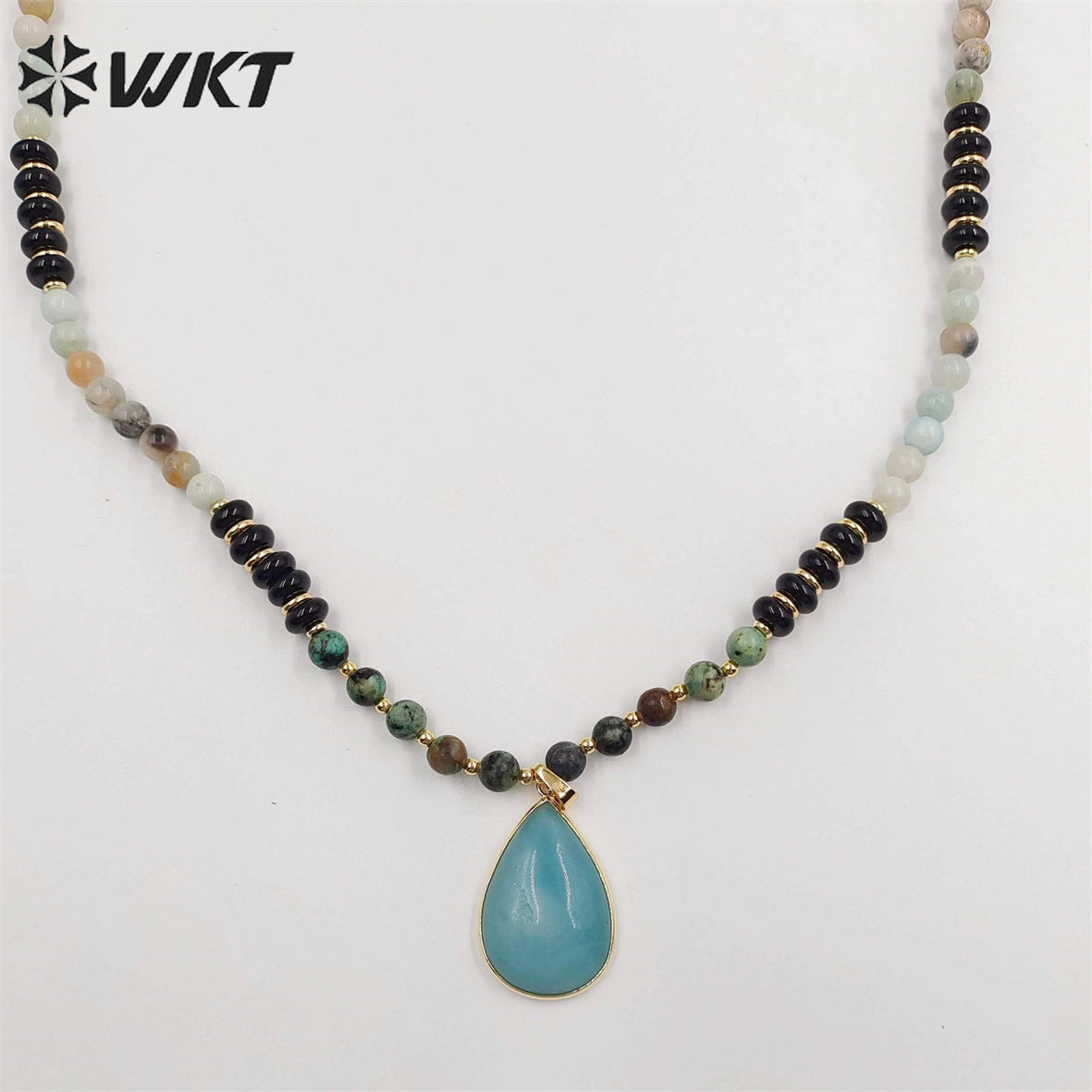 WT-N1416 Newest Attractive 6mm Long Natural Stone Beads Necklace in 28 Inch Genuine Amazonite Drop Pendant Necklace