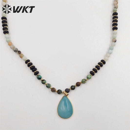 WT-N1416 Newest Attractive 6mm Long Natural Stone Beads Necklace in 28 Inch Genuine Amazonite Drop Pendant Necklace
