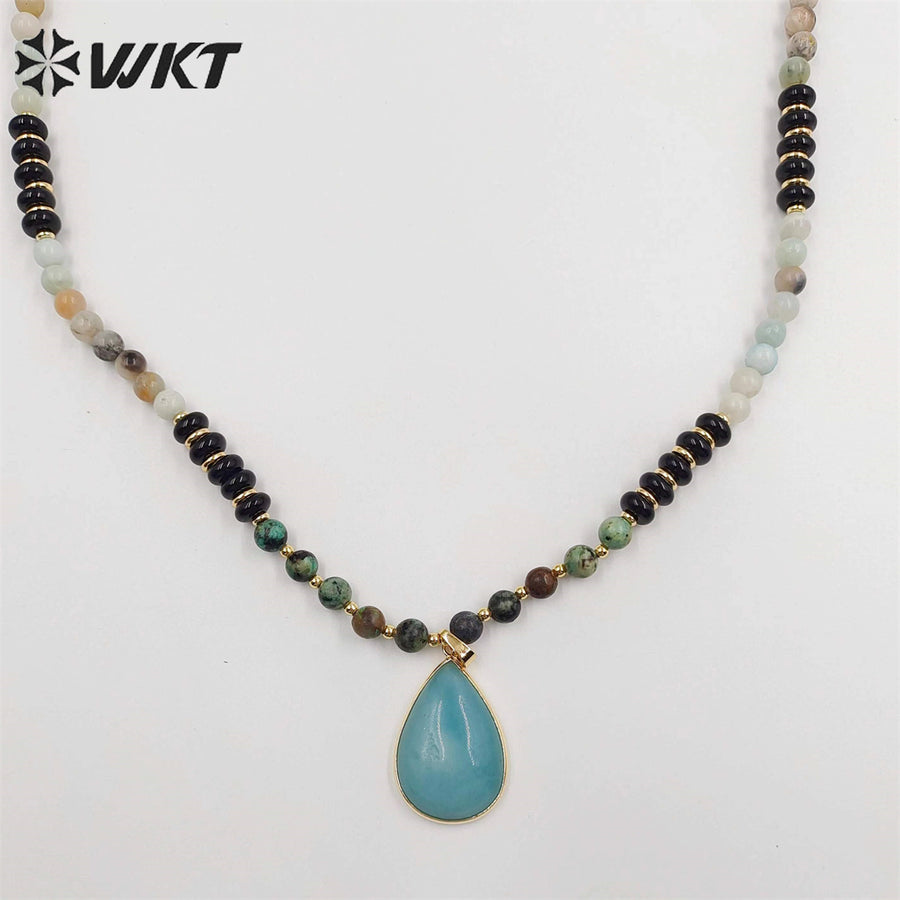 WT-N1416 Newest Attractive 6mm Long Natural Stone Beads Necklace in 28 Inch Genuine Amazonite Drop Pendant Necklace