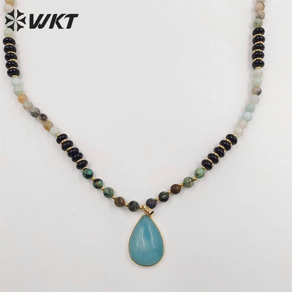 WT-N1416 Newest Attractive 6mm Long Natural Stone Beads Necklace in 28 Inch Genuine Amazonite Drop Pendant Necklace