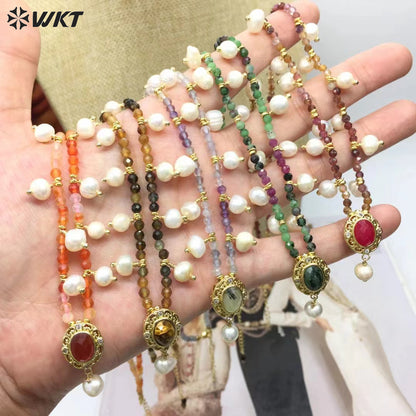 WT-N1473 WKT Elegant Handmade Natural Faceted Tiny Gemstone Beads Craft Delicate 16 Inch Long Stone Necklace
