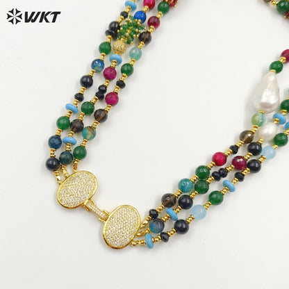 WT-JN265 Amazing Gorgeous 19 Inch Long With Micro Pave Zircon Clasp Close Natural Gemstone Beads Choker Necklace