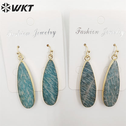 WT-E196 Newest Long Fashion Amazonite Teardrop Earrings, Fashion Gold Plated Stone Teardrop Earrings