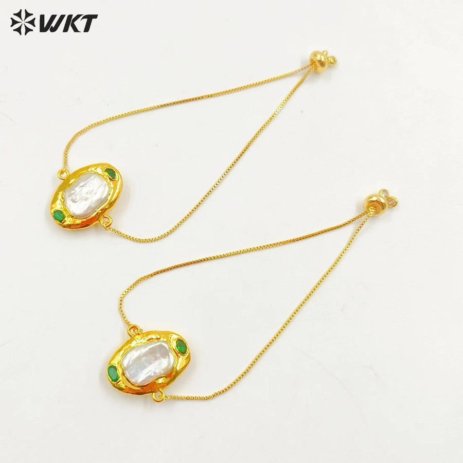 MPB105 Wholesale Fashion Gold Plated Adjustable Box Chain Connect Freshwater Pearl Charm Bracelet