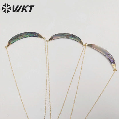 WT-N470 Fashion Double Bails Natural Abalone Horn Necklace 18k Gold Plated Shell Horn Women Necklace With 18 Inch Chain