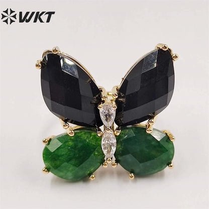 WT-R464 Amazing Natural Gemstone Carved Stone Ring Gorgeous Women Gold Plated Hand Carved Fashion Butterfly Ring