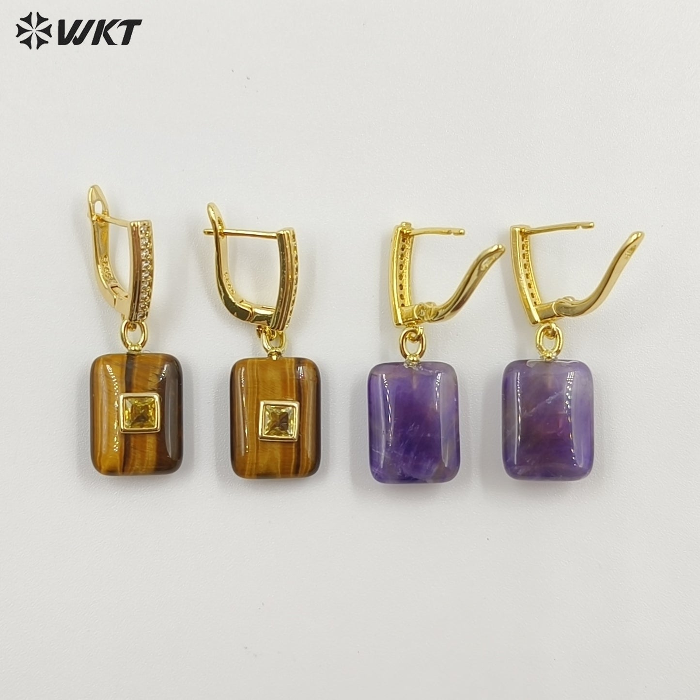 WT-E796 Top Quality Gold Plated Natural Multi Colors Gemstones With Zircon Rectangle Pendant Earrings For Lady Daily Wearing