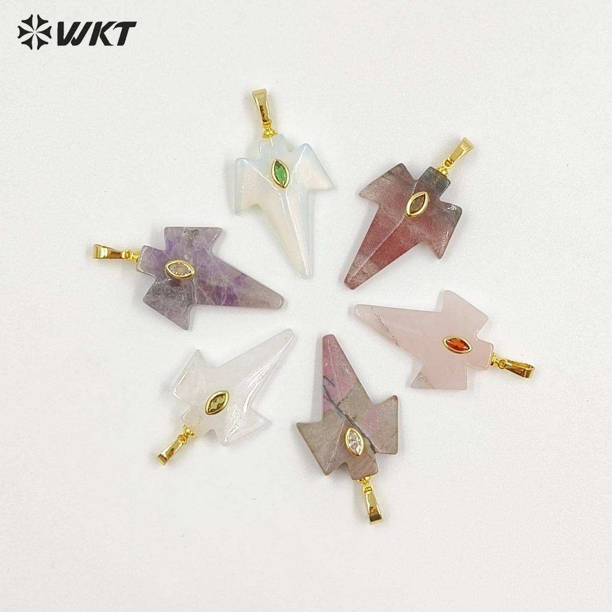 WT-P2096 Unique Design Zircon And Various Natural Gemstones Sword Shape Gold Pendants For Exclusive Necklaces Hand Making