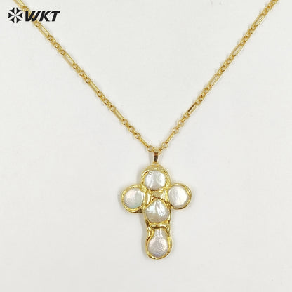 WT-JN330 Luxury Unique Chain With Gold Plated Round Natural Freshwater Pearls Cross Shape Pendant Necklace Wholesale Jewelry
