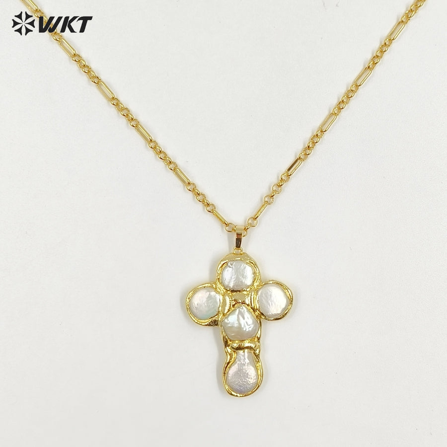 WT-JN330 Luxury Unique Chain With Gold Plated Round Natural Freshwater Pearls Cross Shape Pendant Necklace Wholesale Jewelry