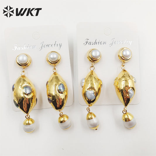WT-MPE087 WKT New Design Oval Shape 18k Real Gold Plated Natural Pearl Earrings Lady Precious Long Dangle Handmade Wedding Studs